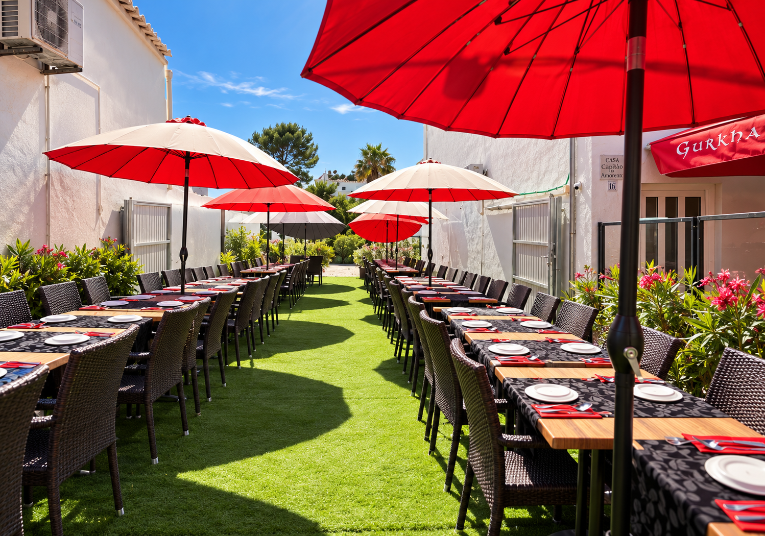 Outdoor tables under red parasols at Gurkha Kitchen in Carvoeiro